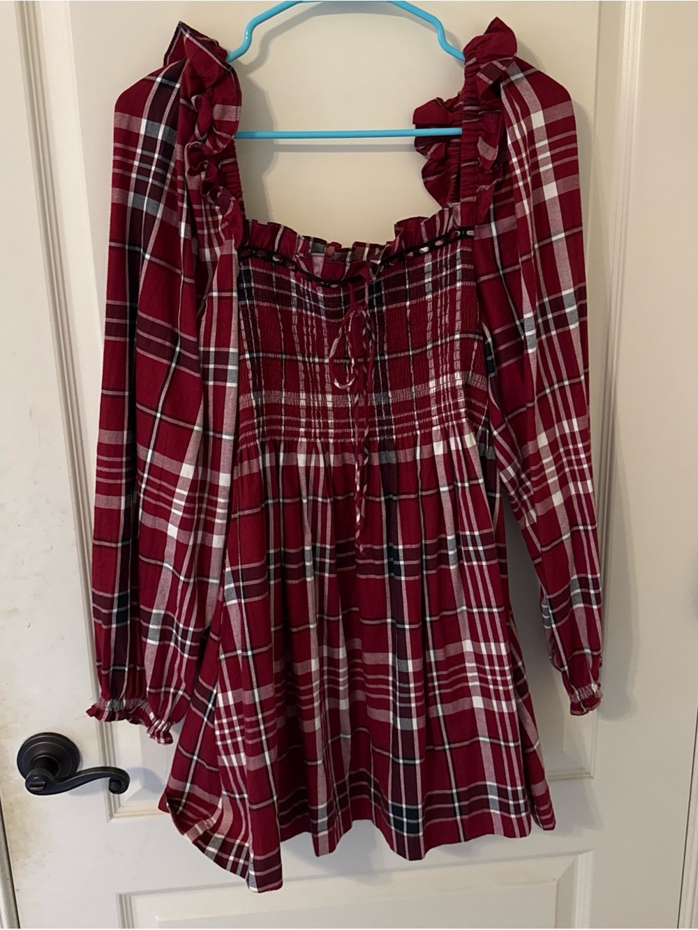 Hill House Home Scarlett Long Sleeve Mini Nap Dress in Crimson Tartan Size M